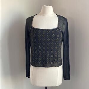 VINTAGE Sheer Long Sleeve Top Womens Sz Medium Black Gold Embroidery Beaded